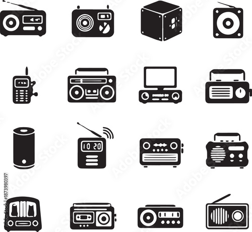 Black and white vector set of 16 icons for vintage and modern audio, radio, and communication devices