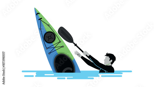 Monochrome kayaker in capsized canoe adventure on calm water