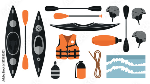 Kayaking adventure equipment set in flat design for outdoor water sports enthusiasts
