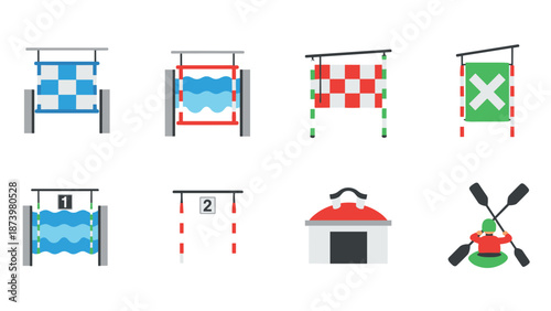 Colorful icons of canoeing obstacles and course elements in flat design