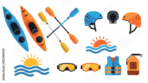 Colorful kayaking gear and accessories with summer water adventure elements