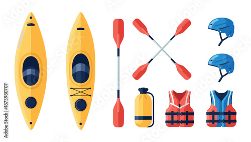 Kayaking equipment set with life jackets, helmets, paddles, and kayaks for outdoor adventure
