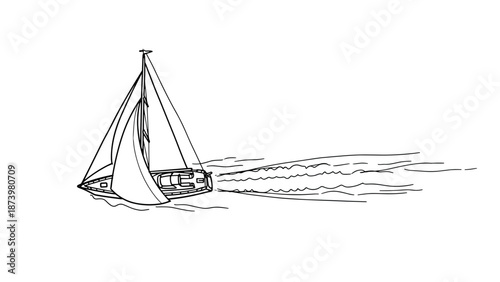 Hand drawn sailing boat on calm waters with flowing waves