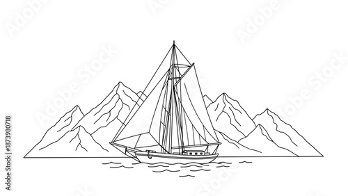 Sailboat and mountain silhouette against ocean waves in linear art style