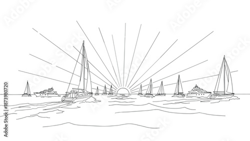 Sailboats and yachts at sunrise on the sea in linear style