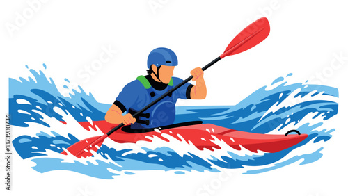 Dynamic kayaking adventure with waves and splashes in vivid colors