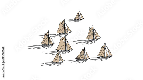 Elegant sailing boats sketched on a minimalist background
