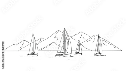 Sailboats and mountains in minimalist line art scene