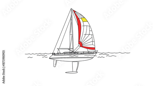 Sailboat with colorful sail on sea in minimalist line art style