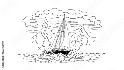 Sailing adventure through thunderstorm: line art depicting yacht in turbulent sea