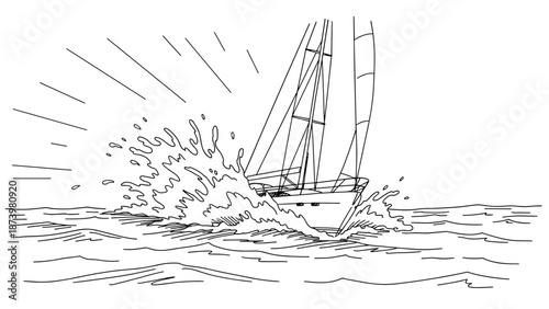 Minimalist sailboat sketch battling ocean waves