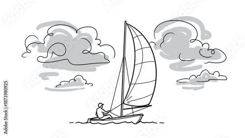 Minimalist sailing adventure: black and white sailboat sketch with dramatic clouds