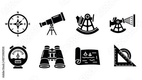 Navigation and exploration icons set: silhouette tools for discovering adventures
