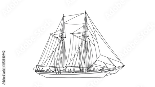 Sailing ship sketch: intricate black outline design on white background for nautical theme