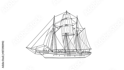 Sailing ship in linear art style with detailed mast and rigging depiction