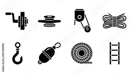 Black silhouette nautical icons set: ropes, hooks, and buoys for marine themes
