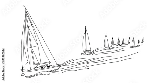 Dynamic sailing race with line art sailboats on open sea