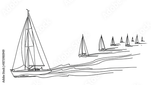 Continuous line art of sailing boats on the open sea