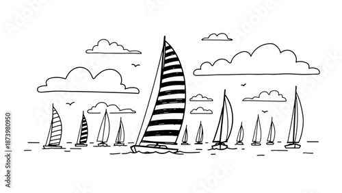 Minimalist sailboat race with striped sails and clouds in black and white