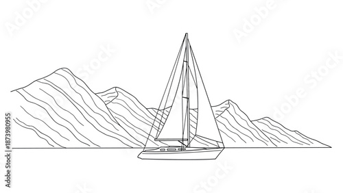 Minimalist linear sailing boat with mountain landscape background