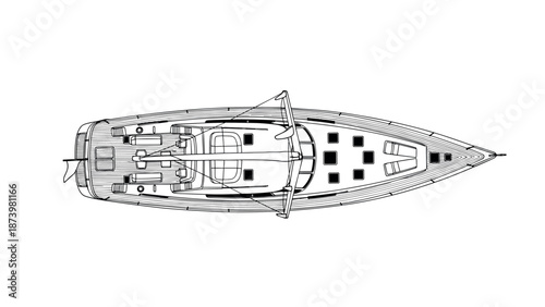 Detailed top view diagram of a modern sailboat for nautical design projects
