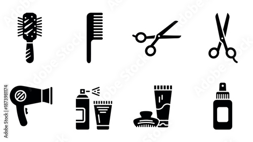 Essential haircare tools in flat black icons for salons and personal use