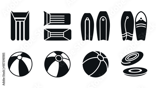 Summer beach icons: monochrome floaties, surfboards, beach balls, and frisbees