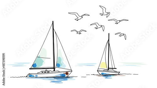 Sailing adventure with birds: watercolor art of boats and seagulls