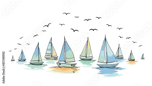 Peaceful sailboats and seagulls on watercolor horizon