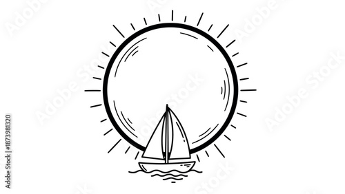 Minimalist sailboat with sunburst: nautical line art design for marine inspiration