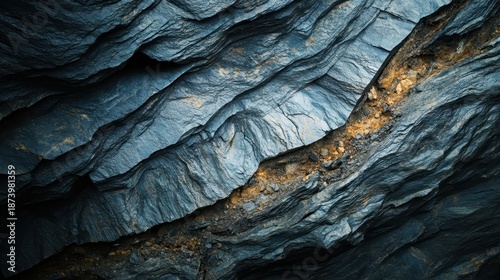 Detailed view of fractured geological fault line revealing stratified layers of rock and mineral deposits