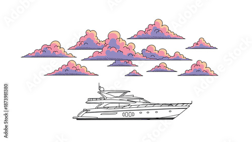 Luxury yacht with colorful clouds in linear style artwork