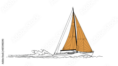 Elegant sailing boat with orange sails on tranquil sea in linear style