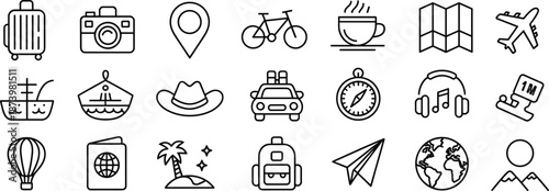 Travel and tourism line icon set, vacation journey symbols, black outline vector illustration for app, web, map, ui design use