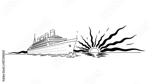 Vintage ocean liner with sunset: black and white silhouette art