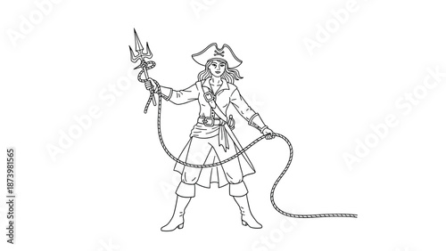 Pirate captain with rope and trident in hand-drawn outline style