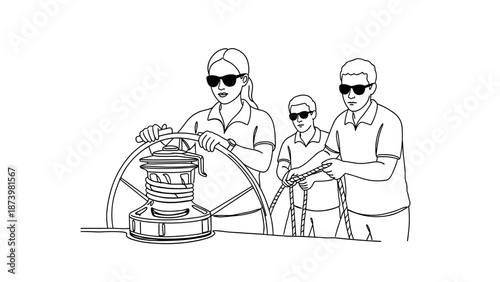 Crew sailing operation: team maneuvers on a sailboat in line art