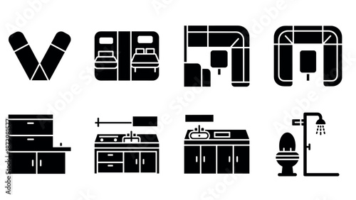 Modern bathroom and kitchen icons: sleek silhouette designs for home spaces