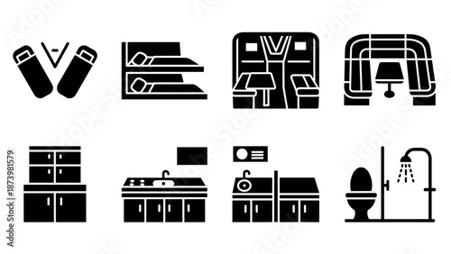 Modern minimalist home interiors set: sleek black and white room icons