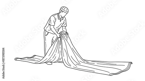 Man folding large fabric piece in minimal line art style