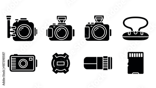 Silhouette icons of camera equipment and photography gear