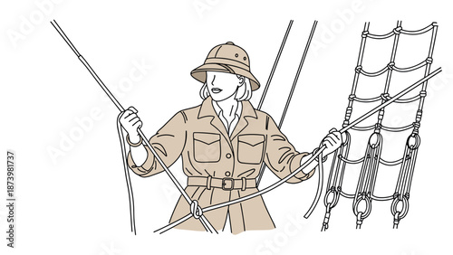 Adventurous explorer on sailing ship with ropes
