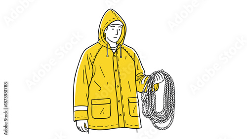 Yellow raincoat figure holding rope: simple line art style for nautical themes