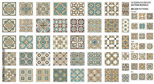 A collection of various abstract backgrounds with islamic ornaments, featuring intricate geometric patterns and designs in shades of blue, gold, and brown, arranged in rows on a white