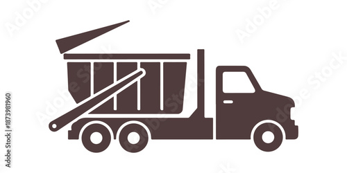 Roll-off truck symbol. Open-top dumpster. Organizational cleanouts. Convenient waste disposal solution. Transporting household debris. Vector illustration isolated.