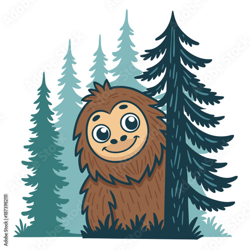 Cute cartoon Bigfoot peeking from behind a pine tree in a forest