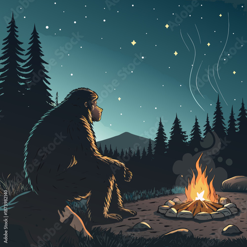 Bigfoot sits by campfire under starry night sky in forest