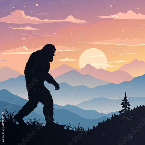 Silhouette of Bigfoot walking through a mountain landscape at sunset