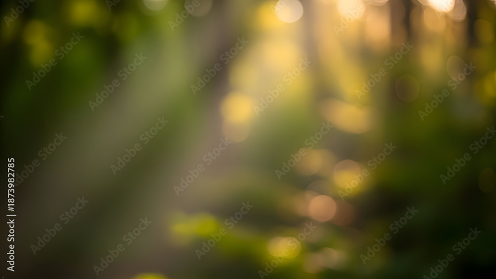 Obraz premium forest sunlight bokeh background with soft green natural blur