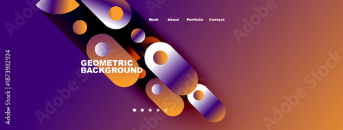 Abstract geometric shapes dominate purple, orange gradient. Text reads Geometric Background, navigation links present. Minimalist design.